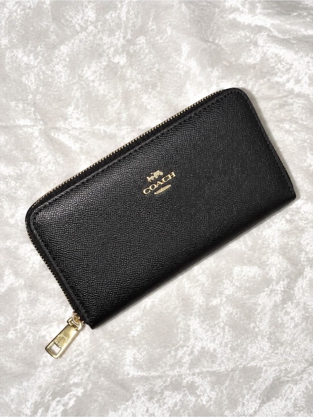Coach Black Saffiano Zip Wallet with Gold Hardware